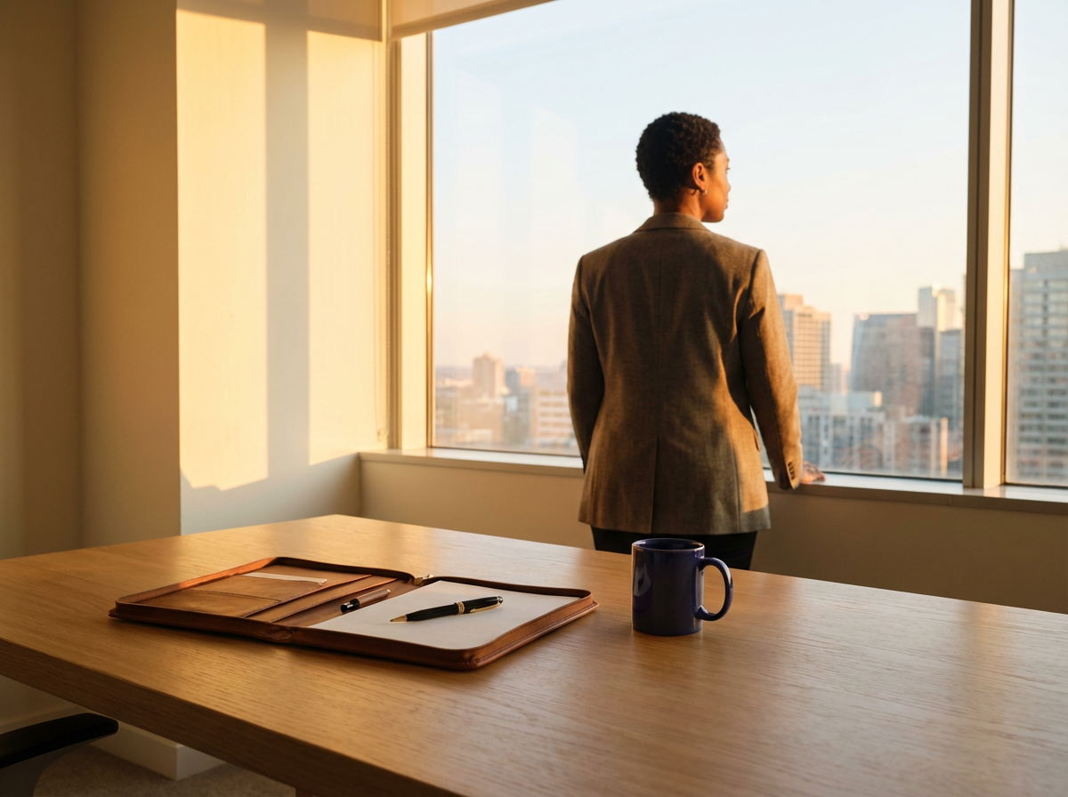 A woman stands in an office, looking out the window at a cityscape with tall buildings during sunset. There is an empty desk in the foreground with a leather folder, a pen, and a blue coffee mug on it.
