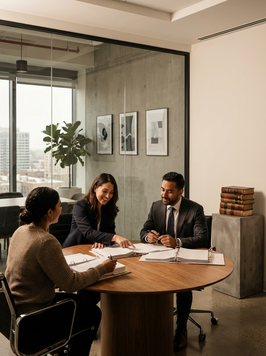Three business professionals, two women and one man, having a discussion at a round table with documents and notebooks in an office conference room with large windows, a concrete wall, and framed artwork.