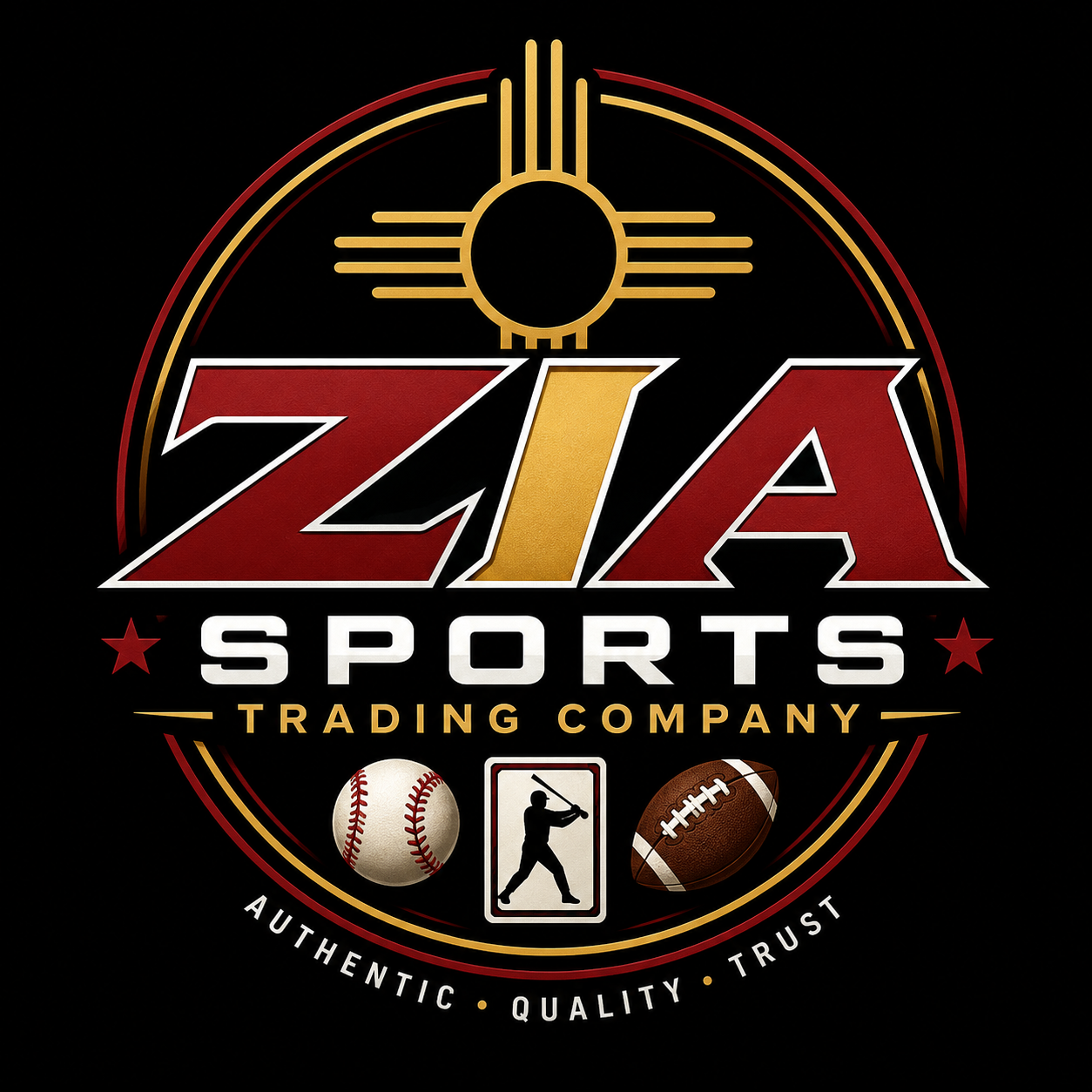 Zia Sports Trading Company logo featuring the Zia symbol, sports imagery including baseball and football with words 'Authentic', 'Quality', and 'Trust'.