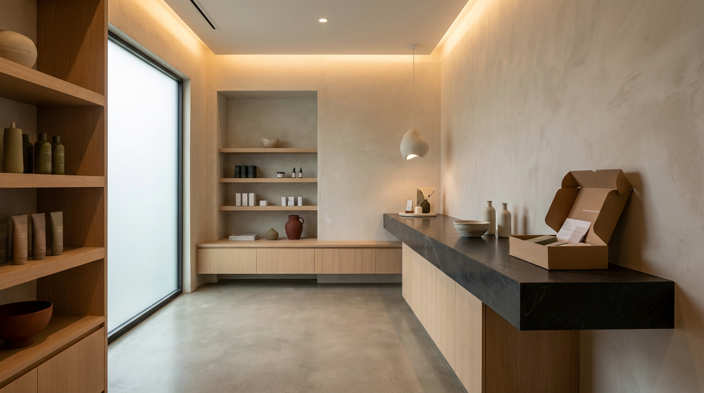 Minimalist room with wooden shelves displaying bottles and bowls, a black countertop with vases and a bowl, and a frosted glass window letting in natural light.