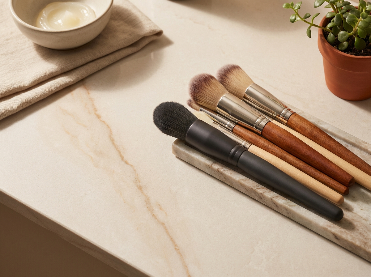 Makeup brushes, a small dish with cream or lotion, a beige cloth, and a potted plant on a marble surface.