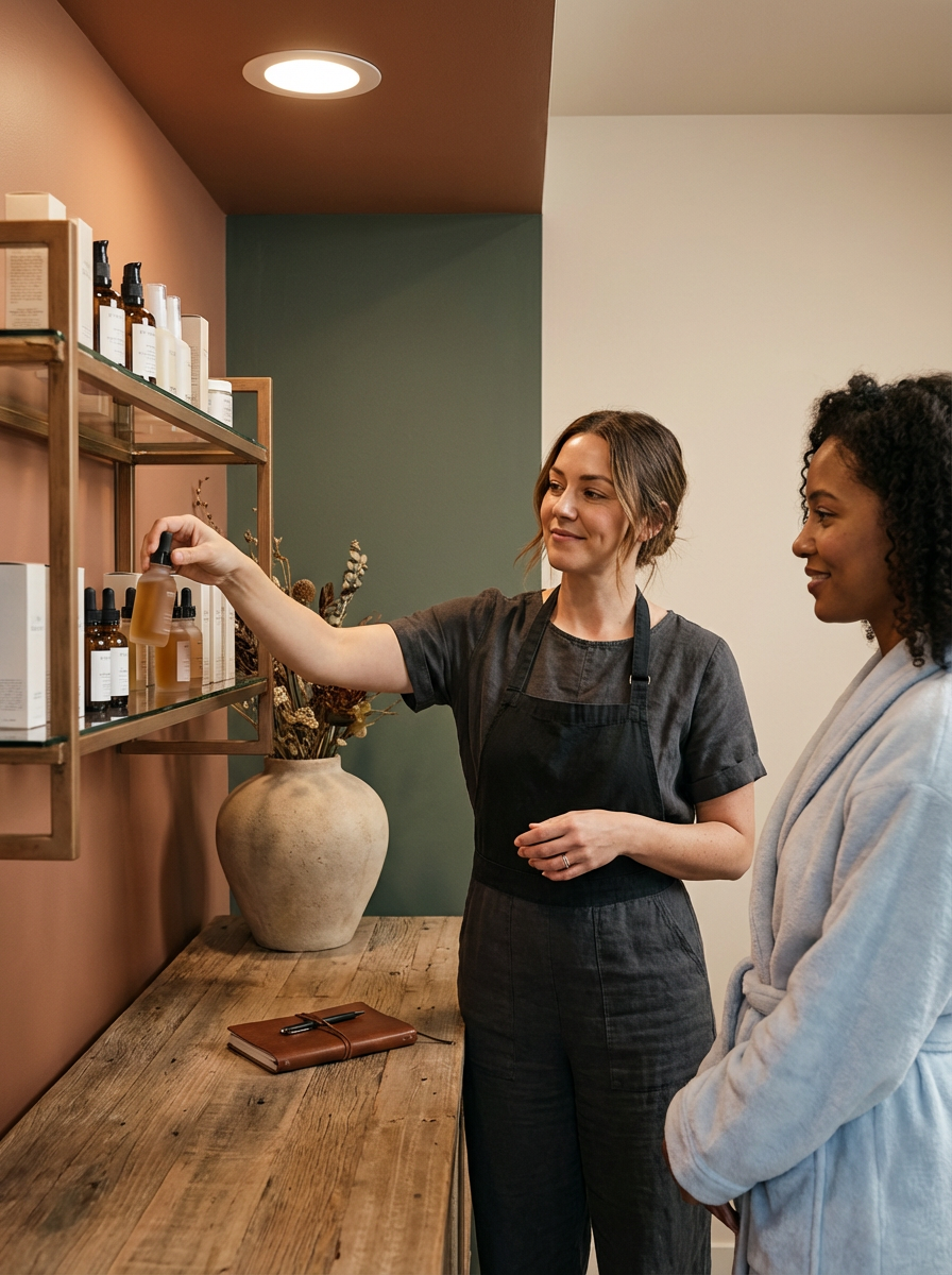 A woman in a black apron showing skincare or wellness products on a wooden shelf to a customer in a white robe in a wellness or spa setting.