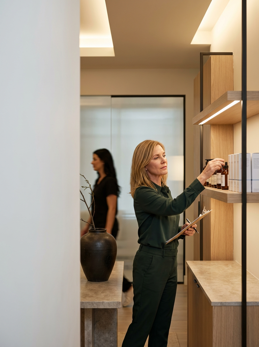 A woman selecting medication from a shelf in a pharmacy or medical office, holding a clipboard, with another woman walking in the background.