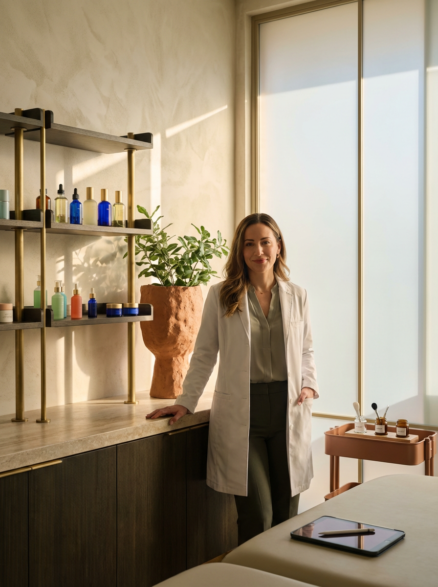 A woman in a white lab coat standing in a modern, well-lit room with a large window. She is smiling and leaning on a countertop, with colorful bottles and a potted plant on shelves behind her.