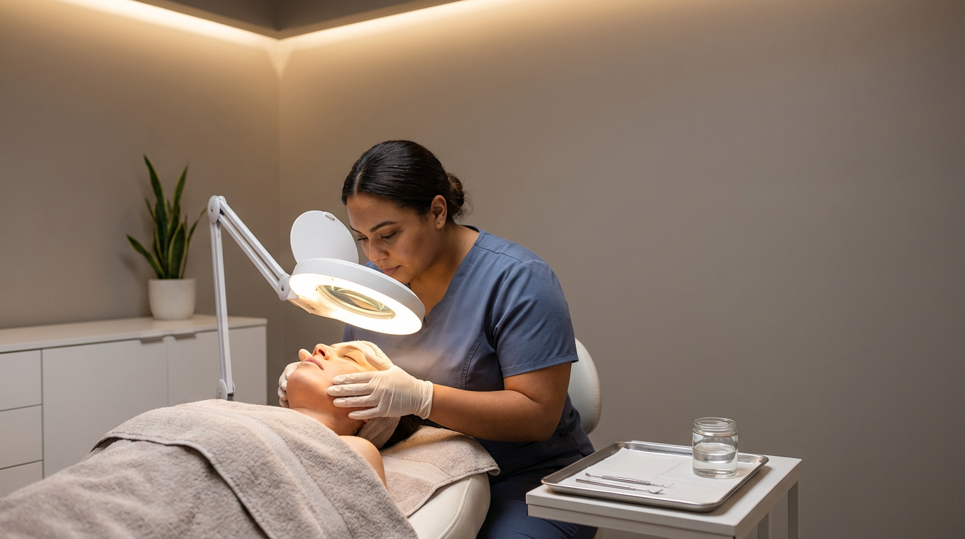 A woman in a gray medical uniform performs a facial treatment on a client lying on a treatment bed. The woman is using a magnifying lamp to examine or treat the client's face, which is covered with a towel, in a spa or skincare clinic setting.