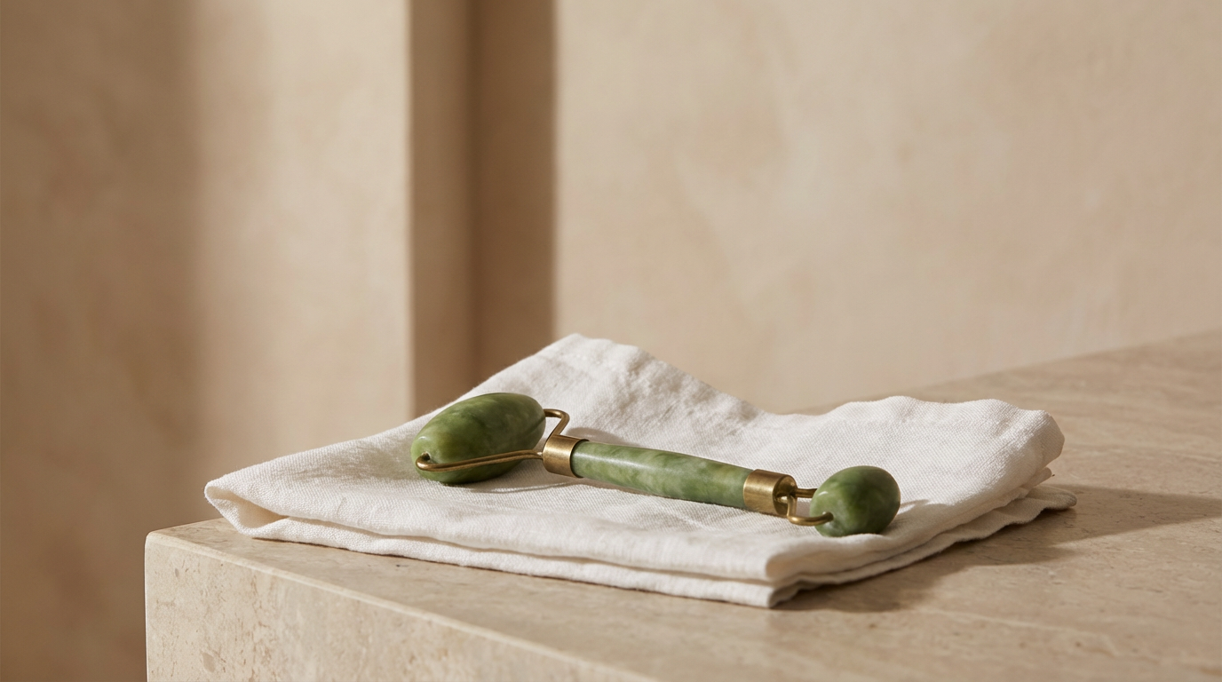 Green jade facial roller on a white towel, placed on a beige surface.