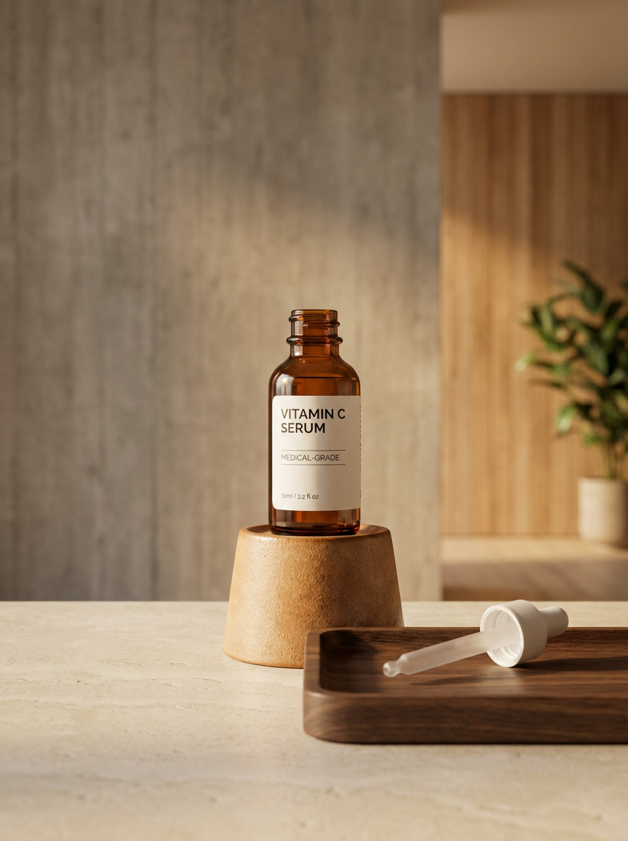 A brown glass bottle labeled 'Vitamin C Serum' on a wooden pedestal, with a dropper resting on a wooden tray nearby, set on a light-colored table against a neutral background.