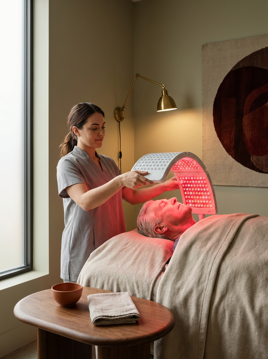 A woman giving a man infrared therapy treatment in a cozy, well-lit room with a side table and wall art.