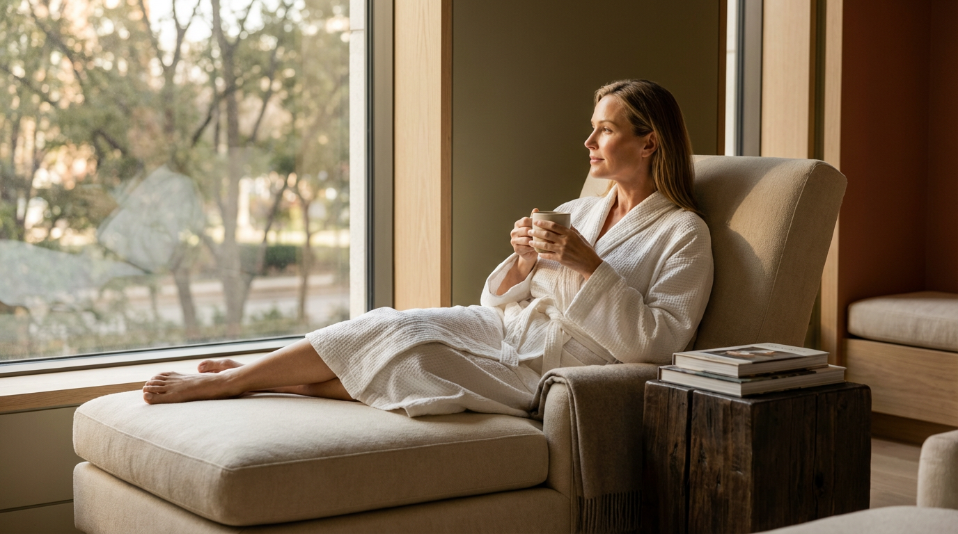 A woman in a white bathrobe sitting on a window seat with her feet up, holding a mug, and looking outside on a peaceful morning.