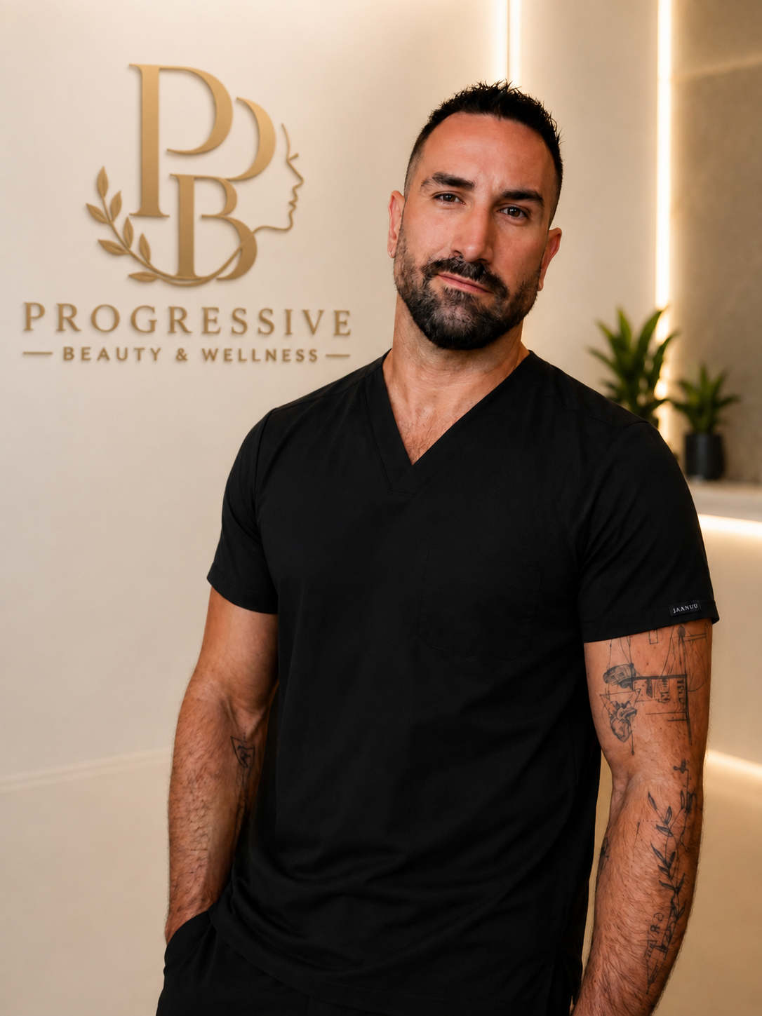 Man with tattoos in black scrubs standing in front of a wall with Progressive Beauty & Wellness logo.