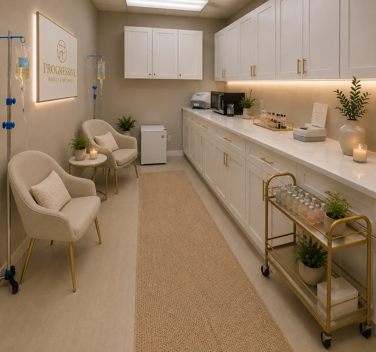A clean, modern wellness or aesthetics clinic room with beige chairs, a small side table, IV stands, cabinets, a countertop with various medical supplies, a small refrigerator, and potted plants, decorated with candles and warm lighting.