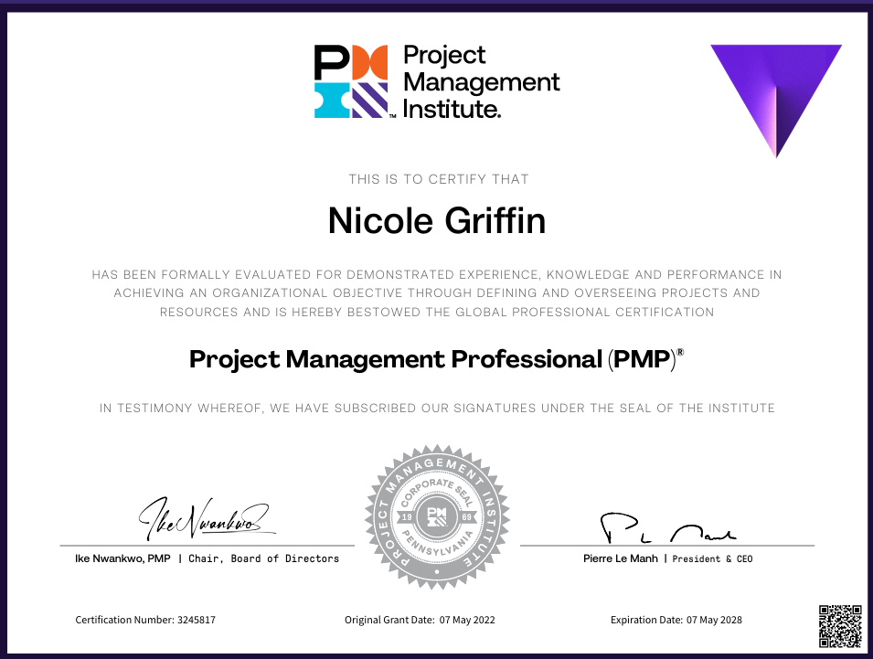 Certificate from the Project Management Institute awarded to Nicole Griffin for Project Management Professional (PMP) certification, with signatures, official seals, and a QR code.
