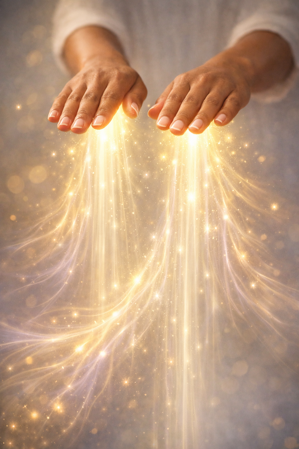 Two hands with light golden skin and neatly trimmed nails, with golden light and sparkles flowing downward from the palms.