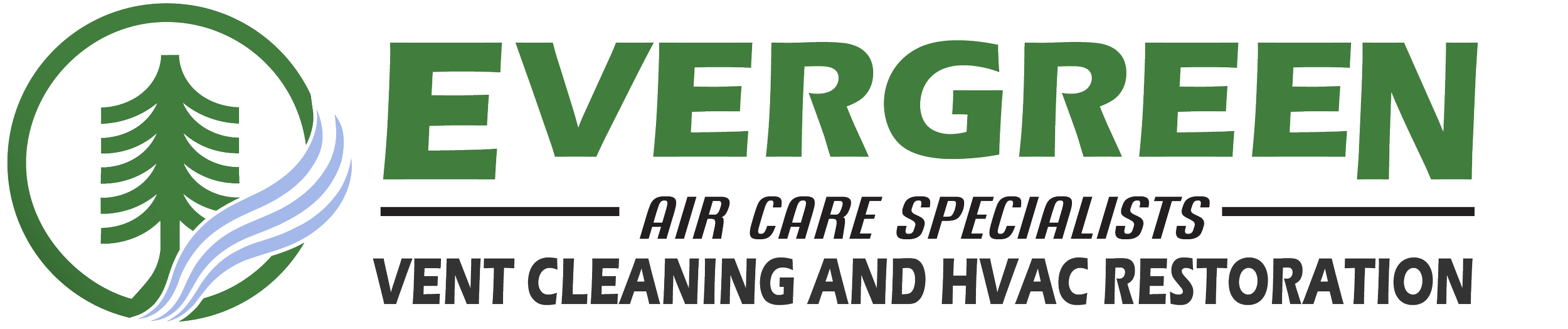 Logo for Evergreen Air Care Specialists, featuring a green pine tree inside a circle with blue airflow lines, with text indicating vent cleaning and HVAC restoration services.