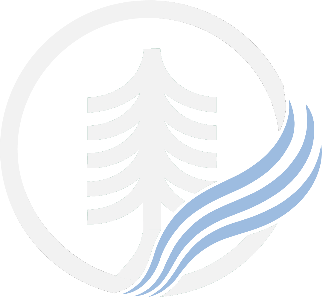 A circular logo featuring a stylized ribcage and flowing lines, with the ribcage in white and the lines in blue, set against a black background.