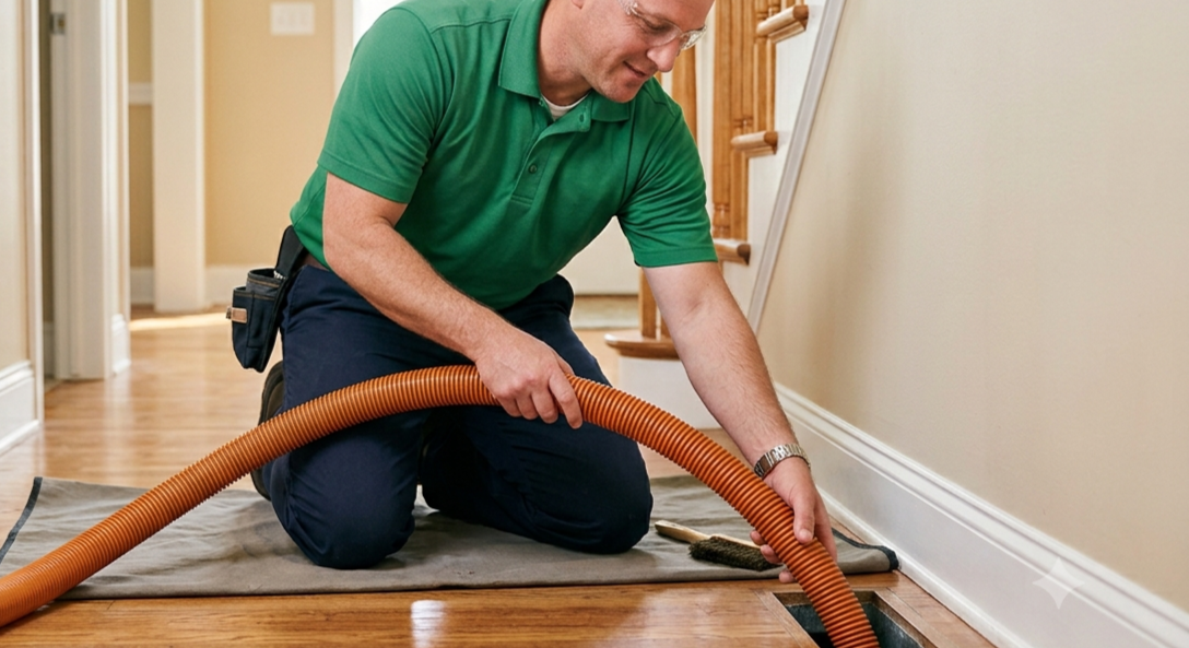 A man kneeling on the floor with a wet/dry vacuum hose to clean a carpet near a vent.