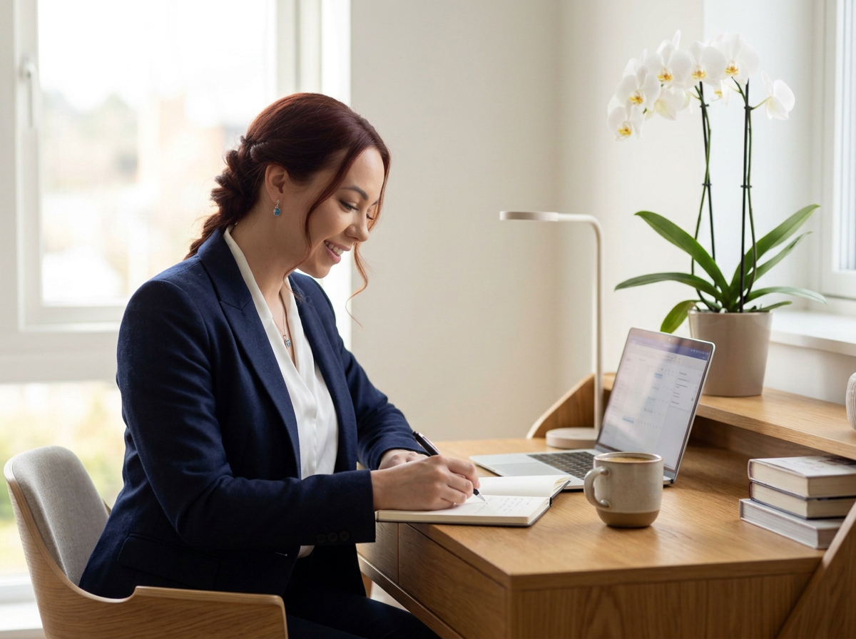 A woman with red hair in a ponytail, wearing a navy blazer and white blouse, is sitting at a wooden desk writing in a notebook. There is an open laptop, a coffee mug, a potted orchid, and a stack of books on the desk. Sunlight is coming through a large window behind her.