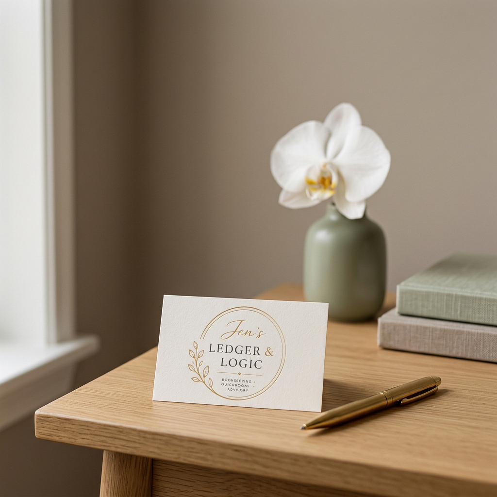 A business card that reads "Jen's Ledger & Logic," a gold pen, a gray vase with a white orchid, and two notebooks on a wooden desk.