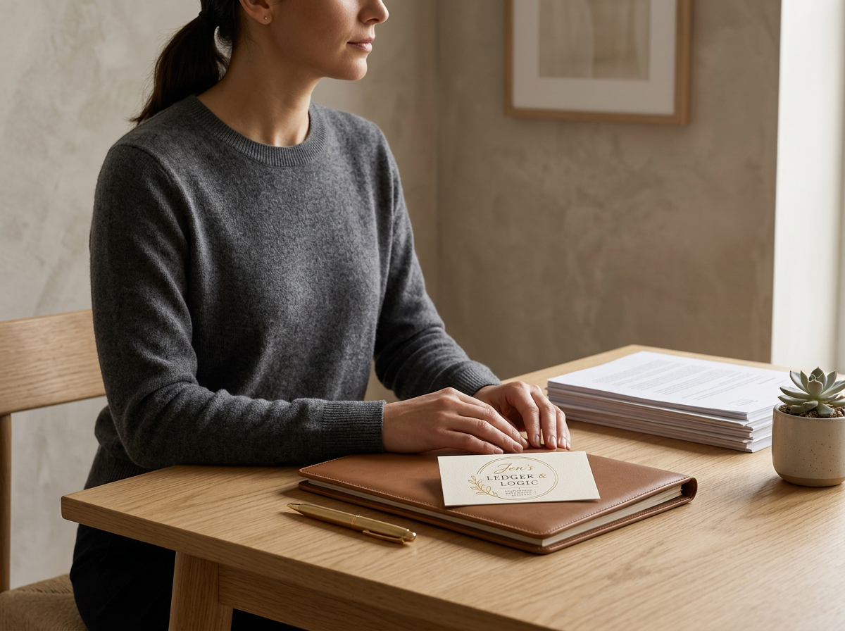 A woman sits at a wooden table with a leather folder, a gold pen, and a card that reads 'Jen's Ledger & Logic'. There are stacks of papers and a potted succulent plant on the table.