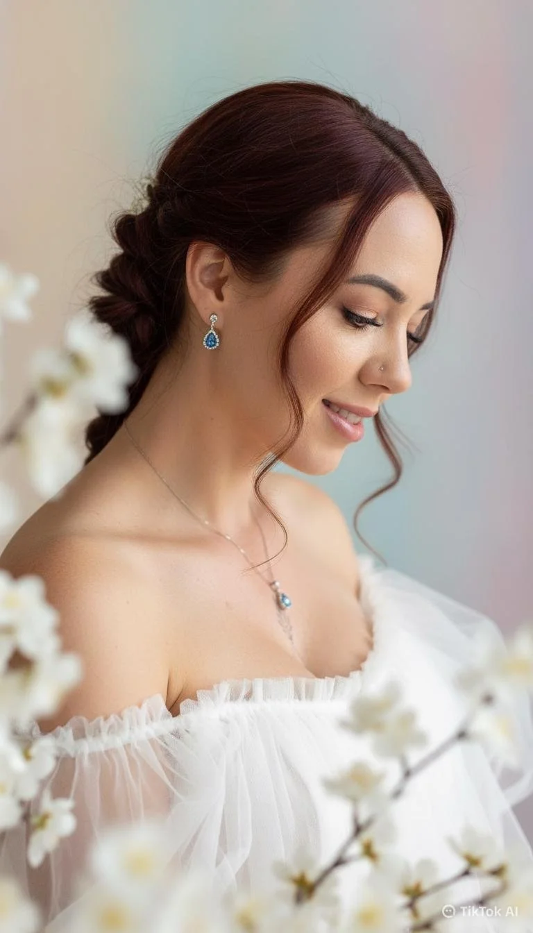 A woman with long, wavy auburn hair in a loose braid, wearing teardrop-shaped blue gemstone earrings and a matching pendant necklace, dressed in a white off-the-shoulder dress, gazing downward with a gentle smile, surrounded by white flowers.