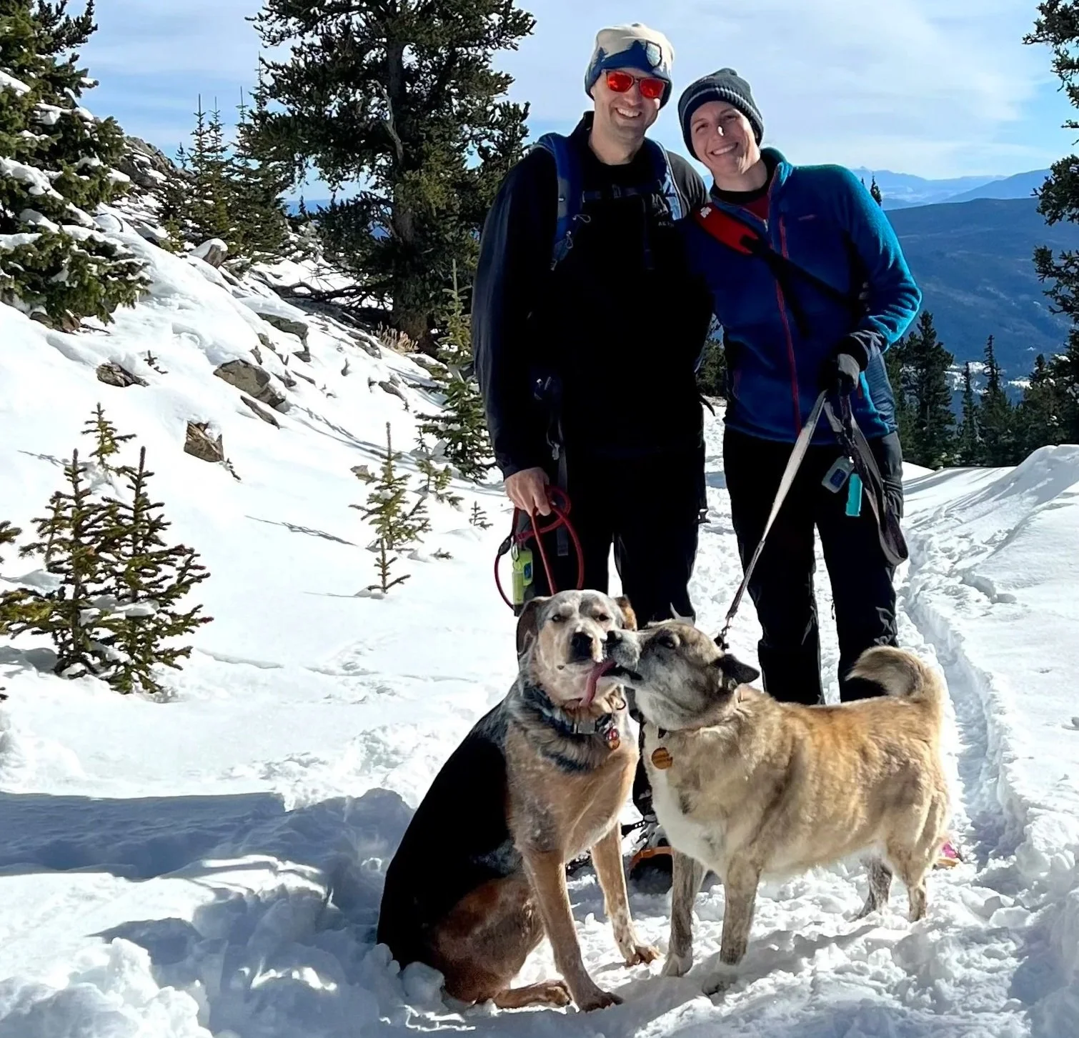 Jessica and her husband hiking in the snow with their two rescue dogs.