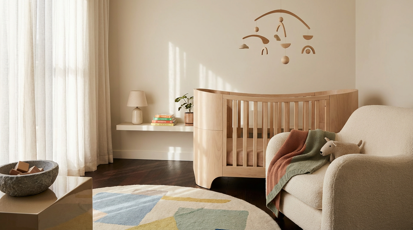A nursery room with beige walls, a white sofa with a plush pig toy and blankets, a curvy light wood crib, a white shelf with a lamp, books, and a potted plant, a modern ceiling mobile, and floor-length curtains, with a colorful round rug and a stone bowl with toys.