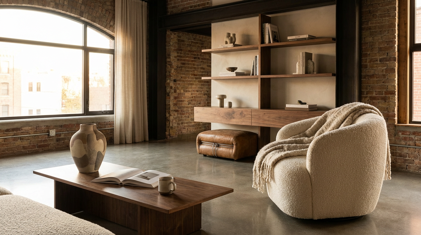 Modern living room with large windows, exposed brick walls, a cozy cream armchair with a blanket, a wooden coffee table with an open book and a mug, a built-in shelf with decorative items and books, and a leather ottoman.