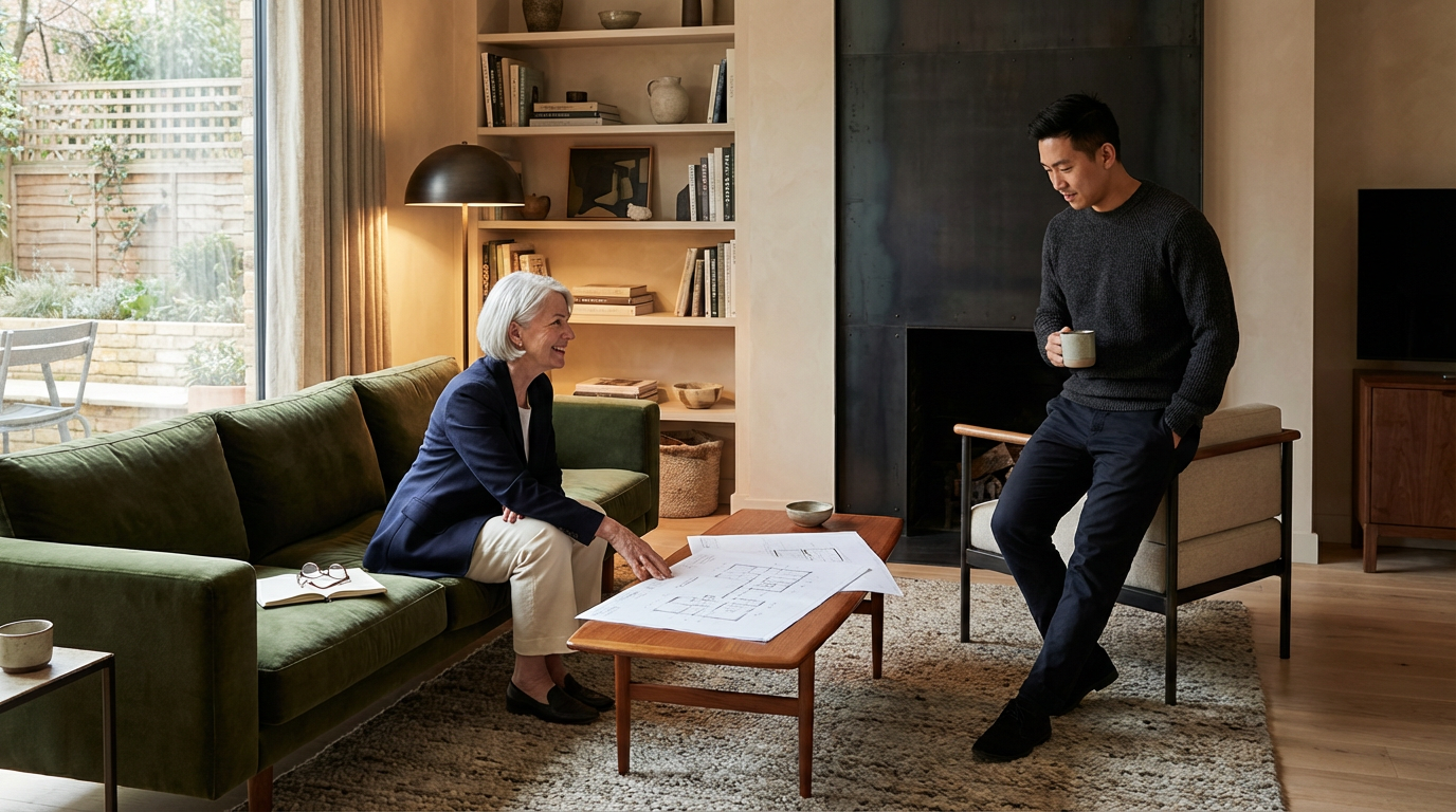 An older woman and a younger man having a discussion in a living room, with architectural plans on the coffee table.