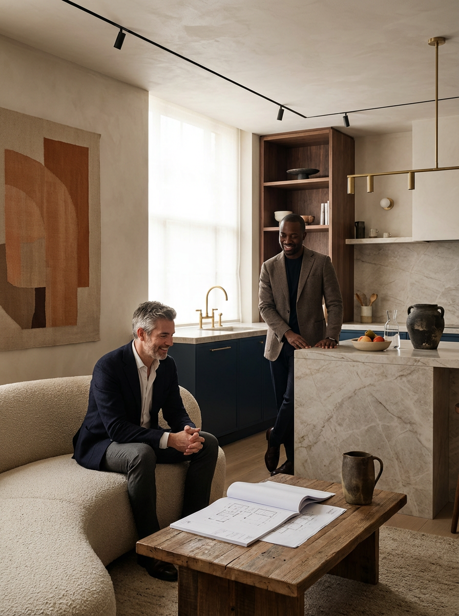Two men in a modern living room, one sitting on a beige sofa and the other standing by a kitchen island, engaged in conversation. The room has minimalist decor with abstract art on the wall, wooden shelves, and natural light from a large window.