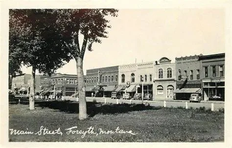 Black and white photograph of Main Street in Forsyth, Montana, showing historic buildings and shops with awnings, a tree in the foreground, and a grassy area.