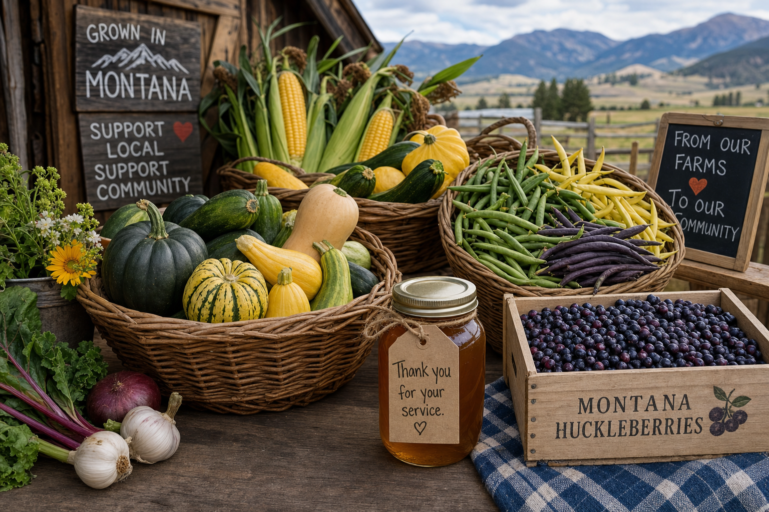 Basket of assorted vegetables including zucchini, squash, and pumpkins, alongside a jar of honey with a thank you tag, and a wooden crate filled with blueberries labeled Montana huckleberries. Signage indicates these are grown in Montana, supporting local community and farms, with scenic mountains in the background.