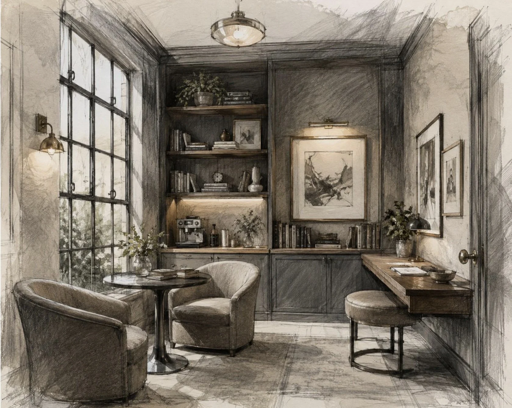 A cozy reading and office room with a round table surrounded by three upholstered chairs, large windows with black frames, built-in shelves filled with books and decor, a desk with a book and plant, and framed art on the walls in a warmly lit room.