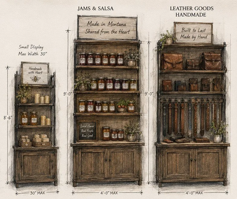 Sketch of three wooden display cabinets for rent featuring Montana handmade products. The first is for small items; the second and the third are examples of large displays for artisan rentals. Each cabinet is customizable to your items.