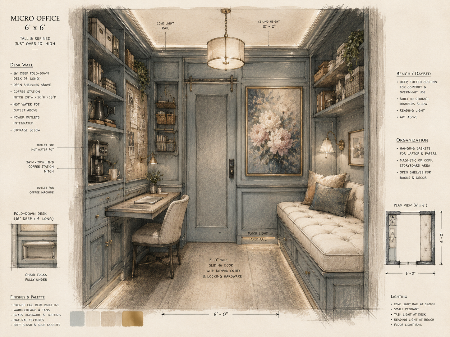Drawing of a cozy micro office room with built-in blue cabinetry, desk, and daybed. The room features a pendant light, cove light rail, framed floral artwork, and a sliding door with keypad entry. Items include books, storage baskets, coffee station, and decorative pillows.