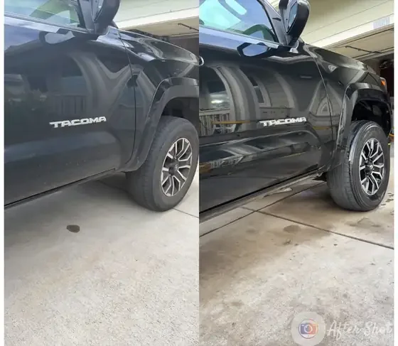 Black Toyota Tacoma before and after exterior detailing and polish at Car Professional Detailing, Ewa Beach