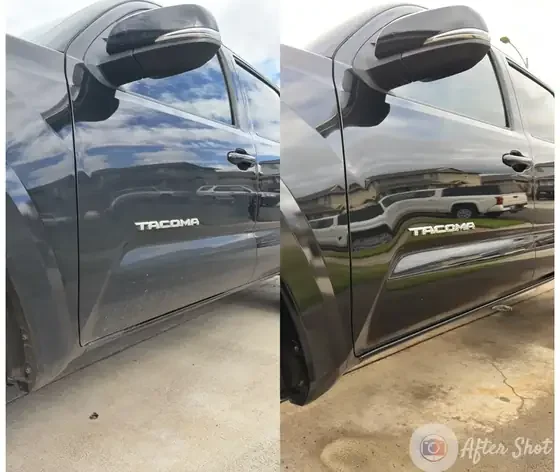 Black Toyota Tacoma door before and after, gloss restored with ceramic coating maintenance in Ewa Beach