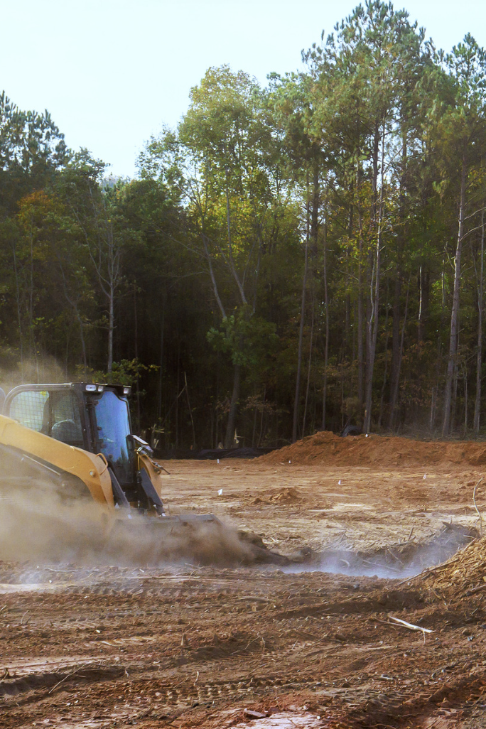 Construction site with a bulldozer moving dirt, surrounded by a forest of tall trees.