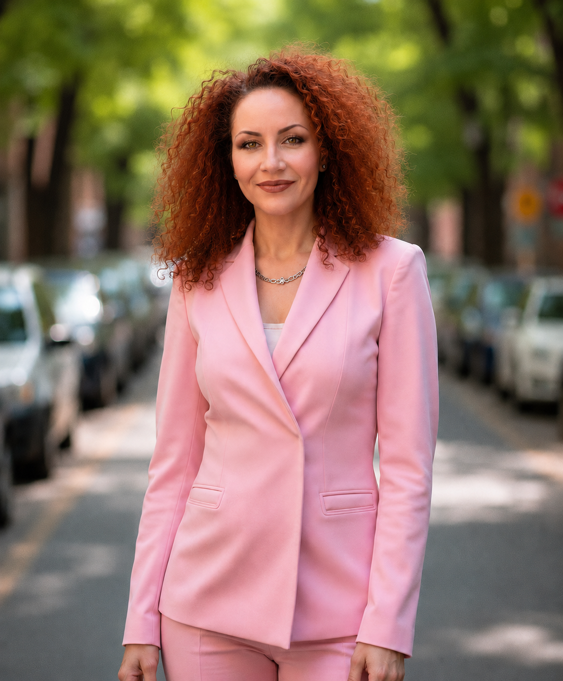 A woman with curly red hair and light skin, wearing a pink pantsuit and silver necklace, standing outdoors on a tree-lined street.