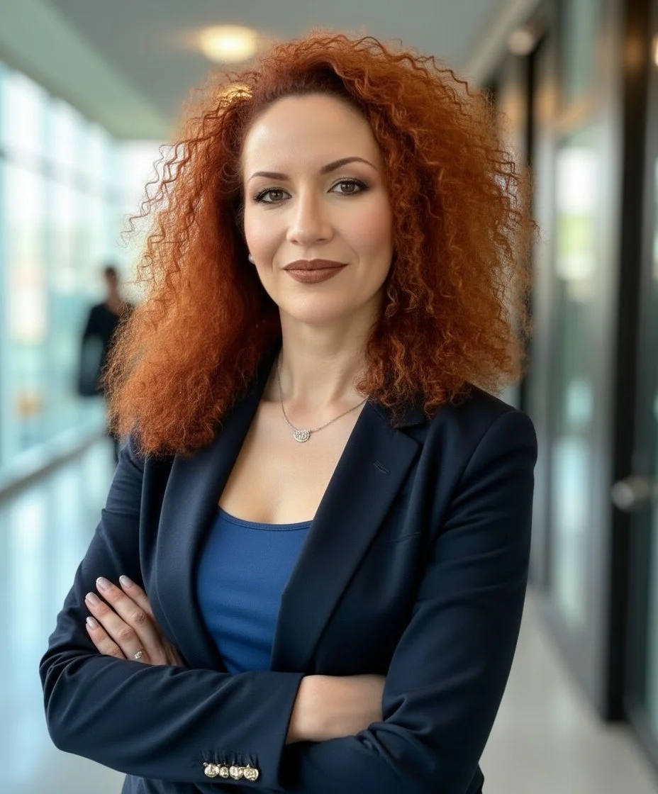 A confident woman with curly red hair wearing a navy blazer and a blue top, standing with arms crossed in an office or conference center corridor with large glass windows.