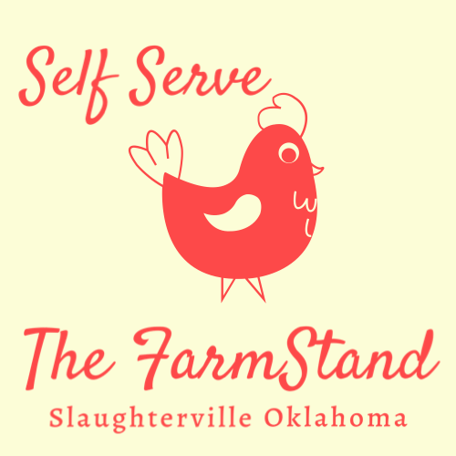 A cartoon chicken illustration with the words "Self Serve" and "The Farm Stand, Slaughterville Oklahoma" in red text on a pale yellow background.
