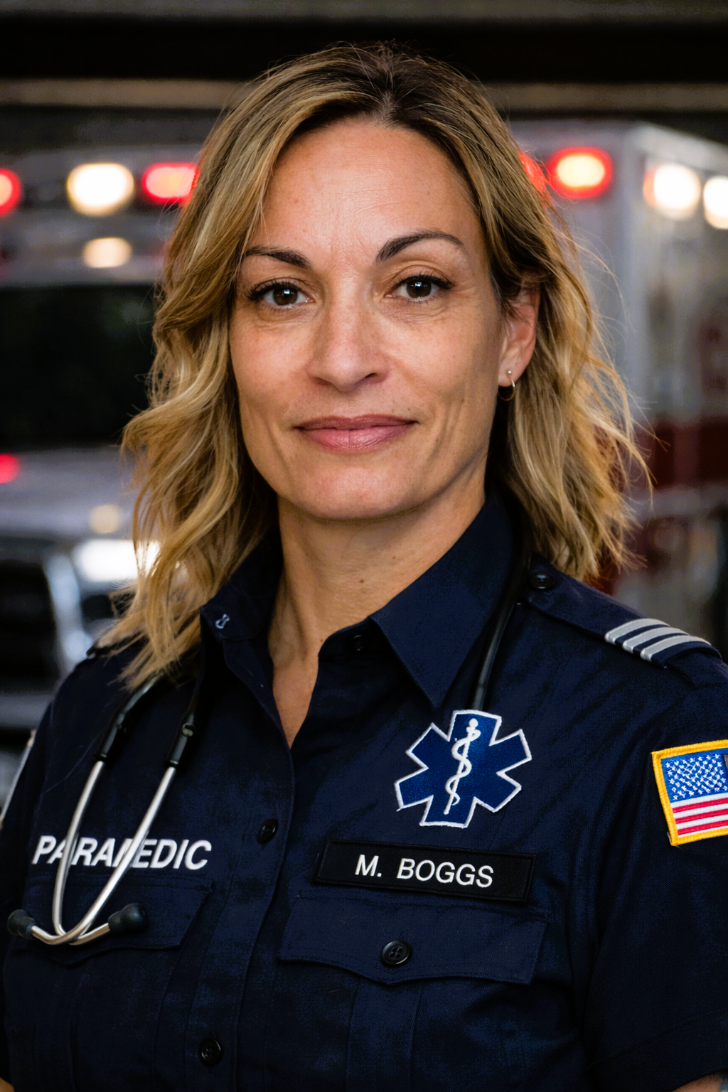 A female paramedic with blonde wavy hair in uniform, standing in front of an ambulance.