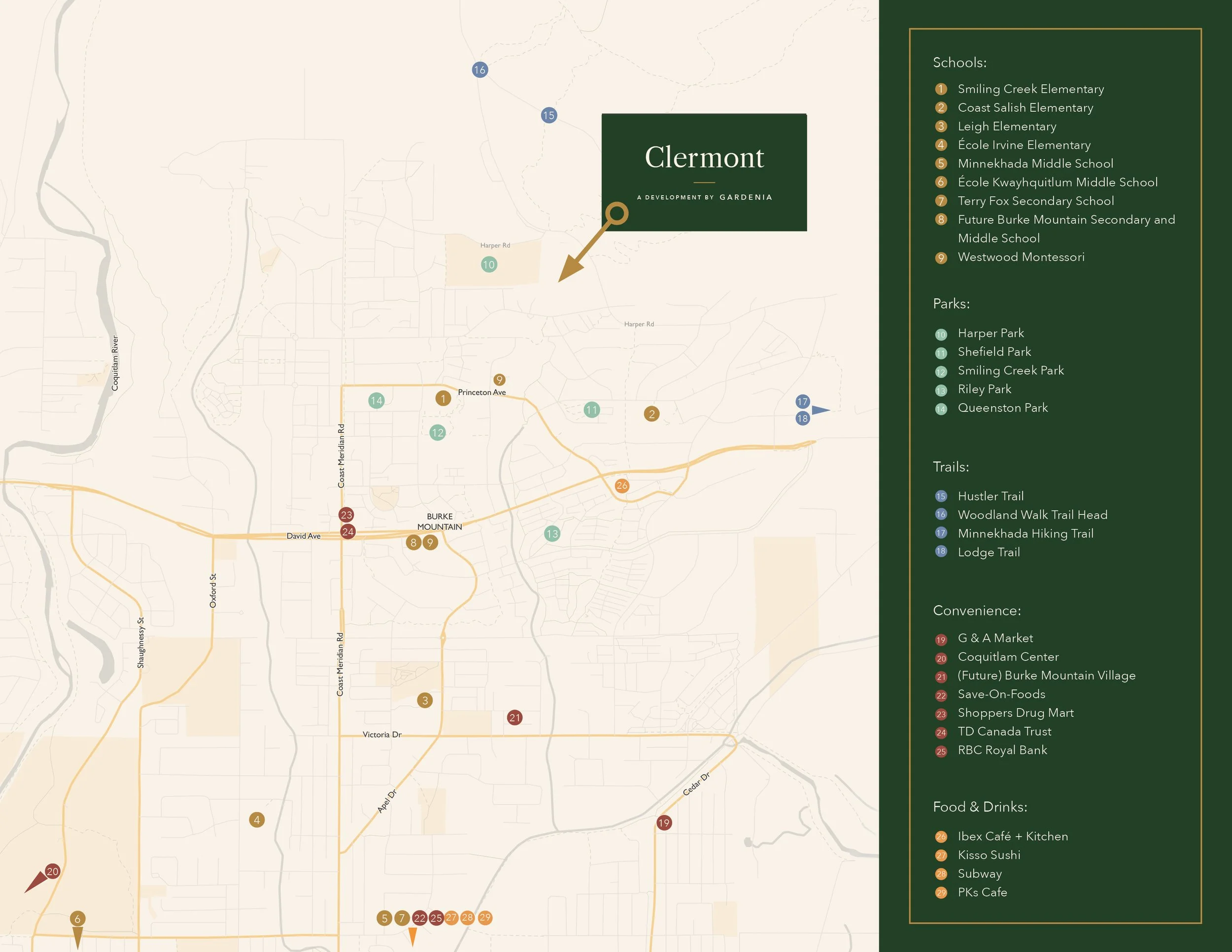 Neighborhood map highlighting Clermont's location and nearby schools, parks, shopping, and community amenities in Burke Mountain, Coquitlam, with a legend on the right side listing the locations and numbered markers.