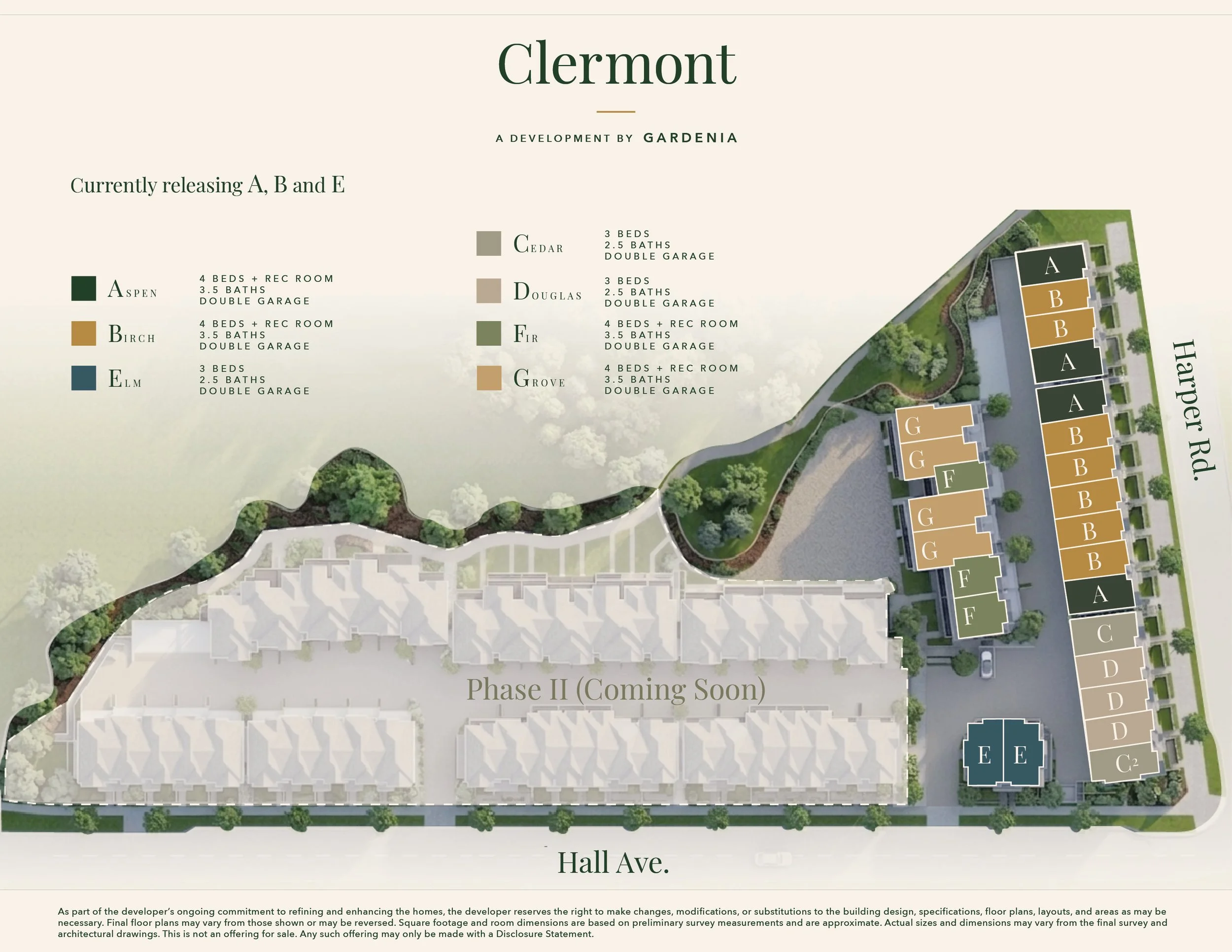 Site plan of Clermont showing the locations of the Aspen, Birch, and Elm townhome series within the community as well as street names, including Hall Ave. and Harper Rd.