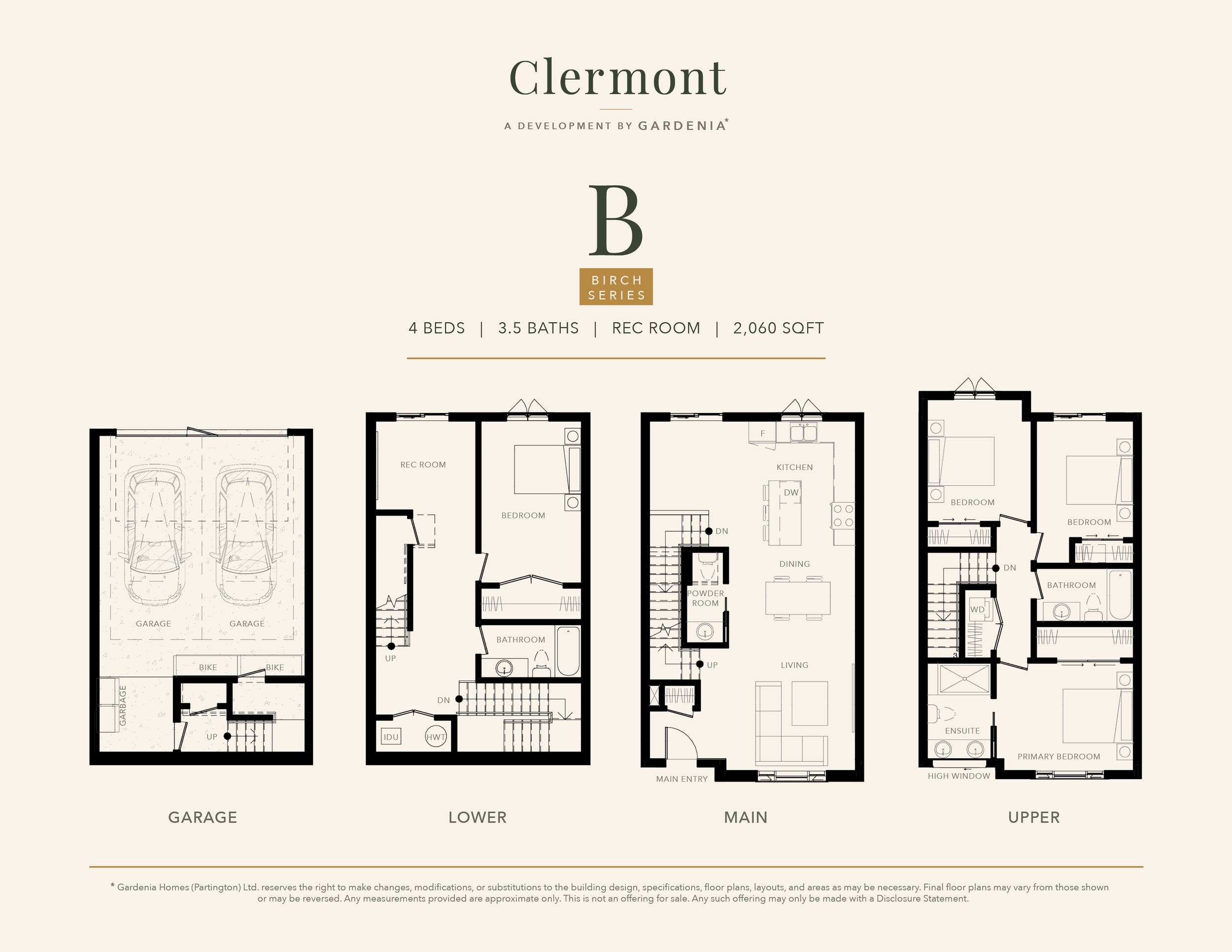 Floorplan of the Birch Series 4-bedroom townhome at Clermont in Burke Mountain.
