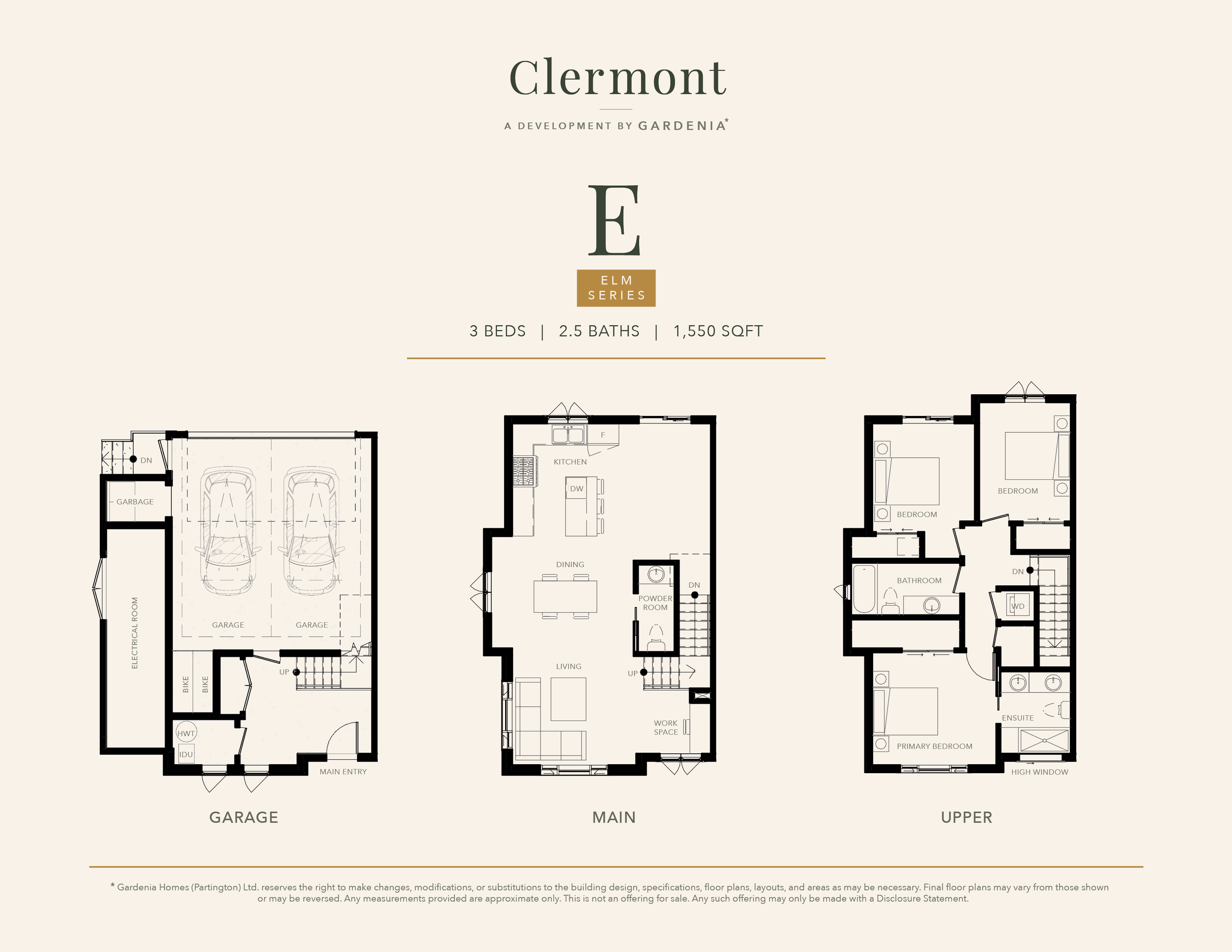 Floorplan of the Elm Series 3 bedroom townhome at Clermont in Burke Mountain.