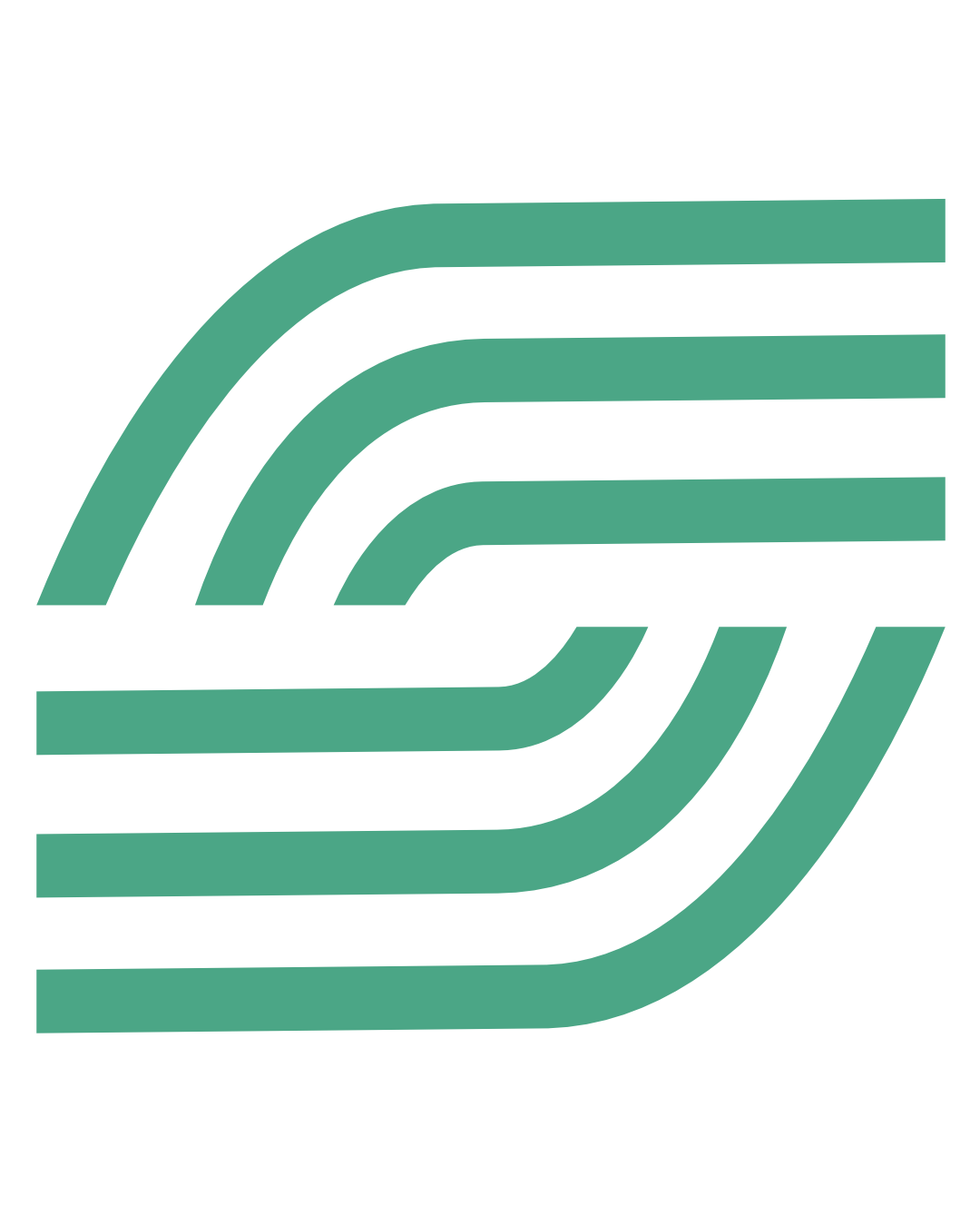 A stylized logo consisting of bold, curved, horizontal lines forming a geometric pattern with a central circular element. The logo is in teal color on a white background.
