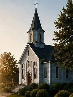 A white wooden church with a tall steeple and cross, surrounded by trees and shrubs, at sunset.