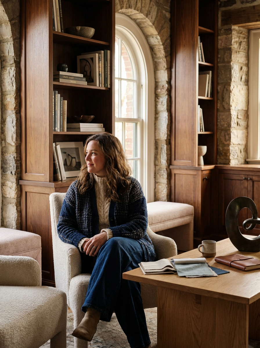 A woman with wavy brown hair sitting in a cream-colored armchair in a cozy room with stone walls and wooden shelves filled with books. She is looking to the side, wearing a navy and gray sweater, cream turtleneck, blue jeans, and brown boots. A wooden table in front of her holds a notebook, fabric swatches, a mug, and a decorative sculpture. Sunlight streams in through arched windows.