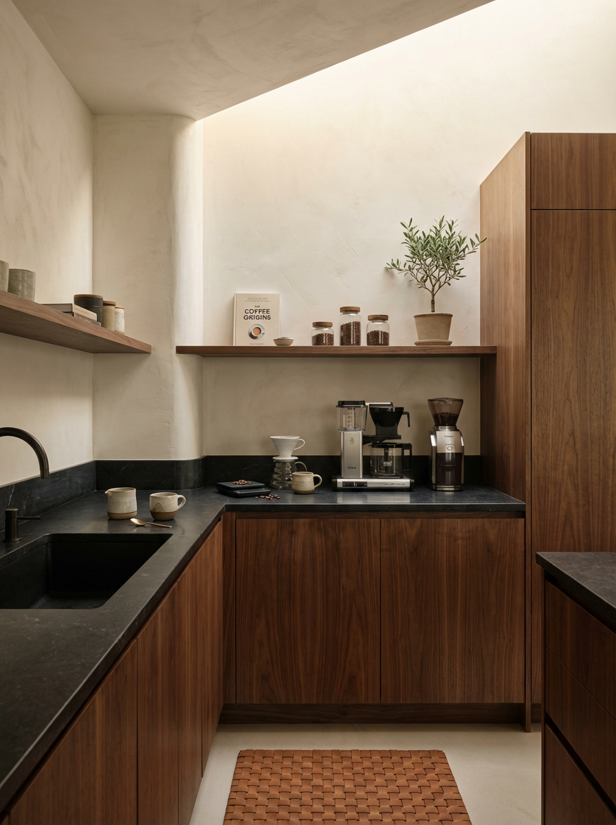 Modern kitchen with wooden cabinets, black countertops, and minimal decor, including coffee-making equipment, cups, a book, a potted plant on a high shelf, and jars of coffee beans.