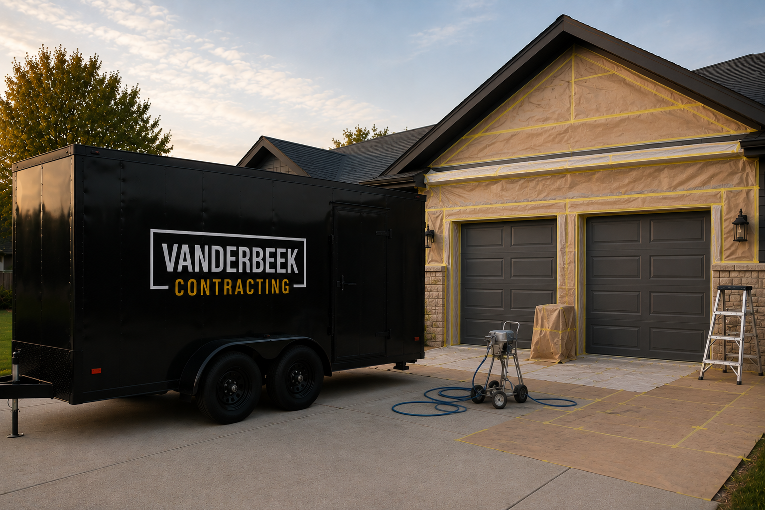 House undergoing exterior renovation with front garage doors, yellow painter's tape outlining areas, and construction equipment including a black Vanderbeek Contracting trailer, ladder, and portable work light.